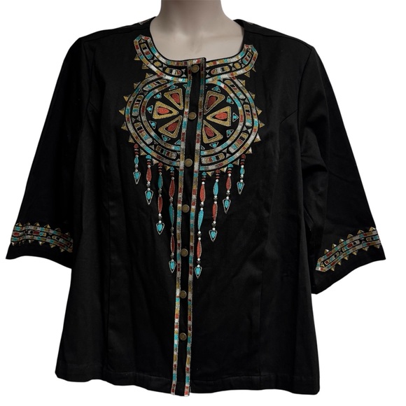 Bob Mackie Jackets & Blazers - Bob Mackie Black Jacket Size 2X Wearable Art Embroidered 3/4 Sleeve SOUTHWEST